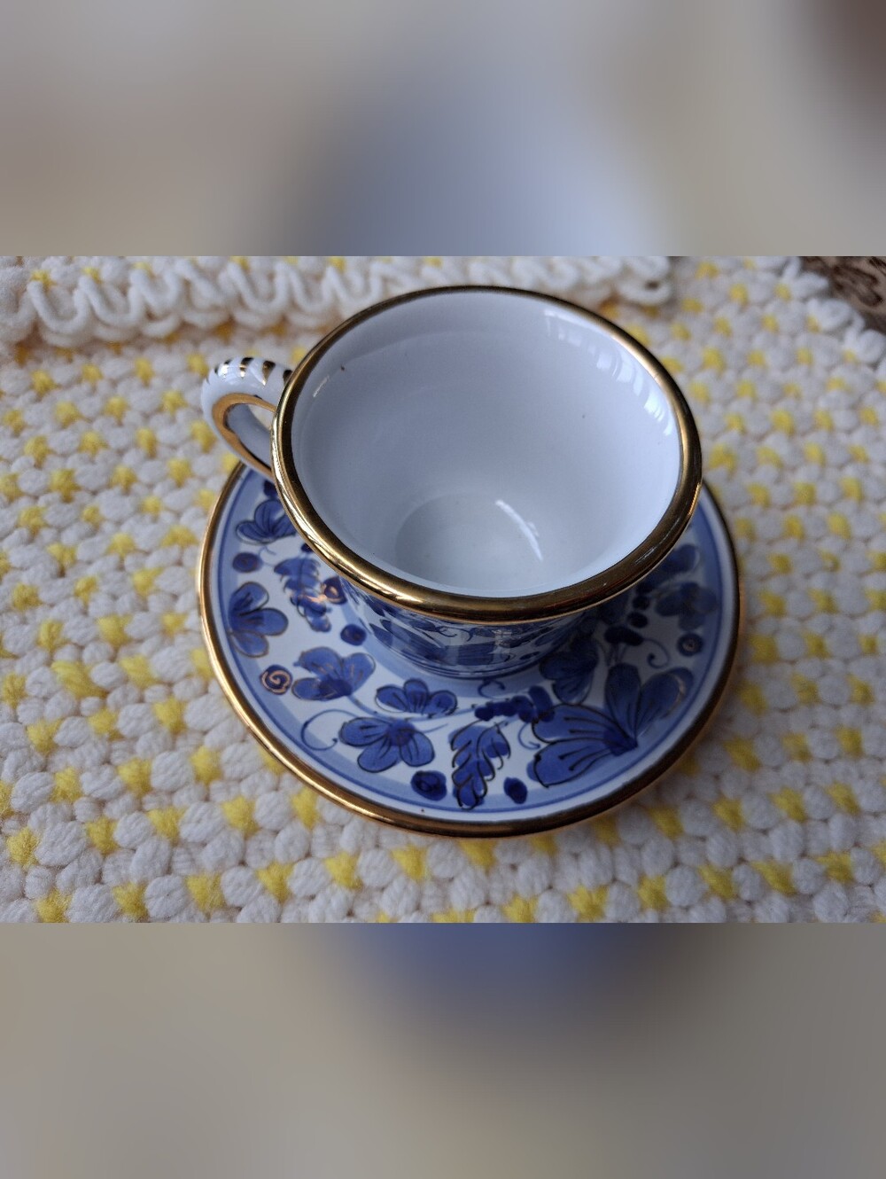 Blue Floral Porcelain Teacup and Saucer with Gold Trim